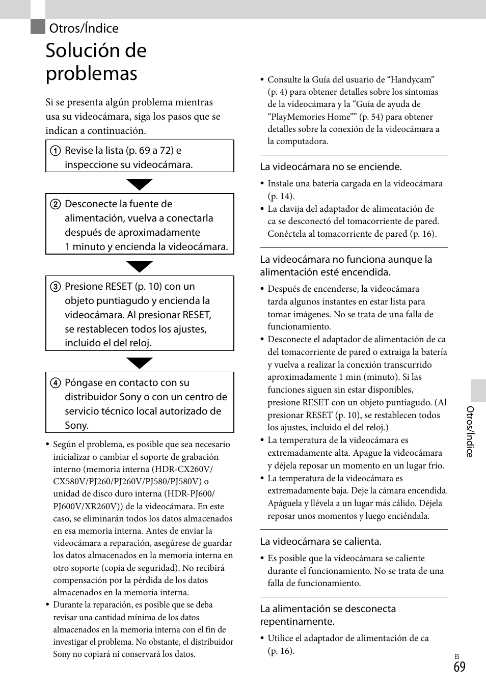 Otros/índice, Solución de problemas | Sony HDR-XR260V User Manual | Page 163 / 191