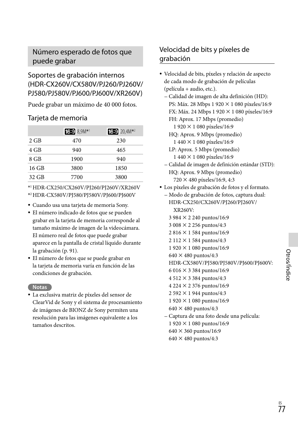 Número esperado de fotos que puede grabar, Velocidad de bits y píxeles de grabación | Sony HDR-XR260V User Manual | Page 171 / 191