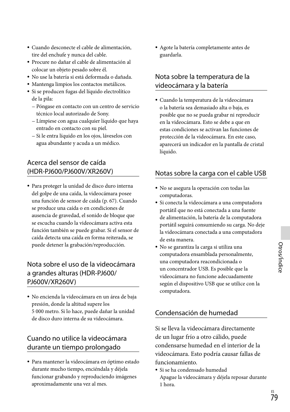 Notas sobre la carga con el cable usb, Condensación de humedad | Sony HDR-XR260V User Manual | Page 173 / 191