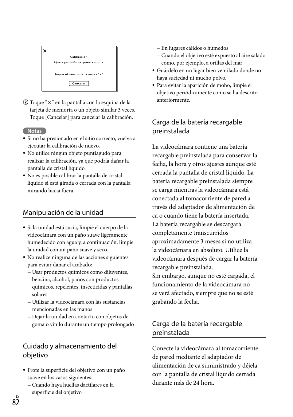 Manipulación de la unidad, Cuidado y almacenamiento del objetivo, Carga de la batería recargable preinstalada | Sony HDR-XR260V User Manual | Page 176 / 191