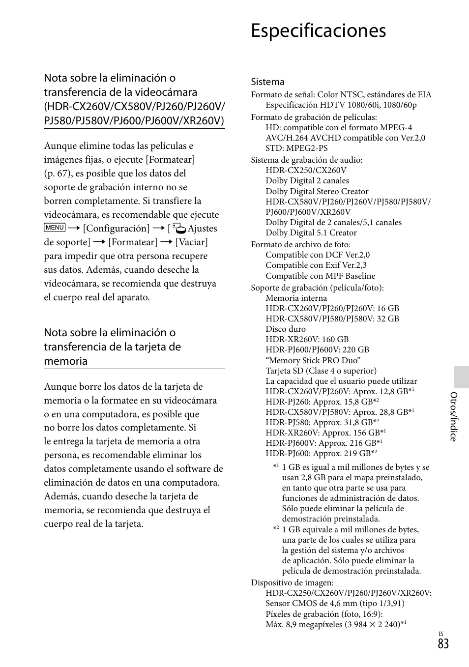 Especificaciones | Sony HDR-XR260V User Manual | Page 177 / 191