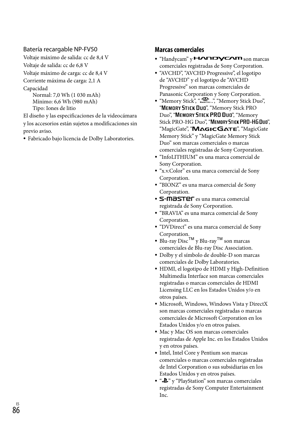 Marcas comerciales, Batería recargable np-fv50 | Sony HDR-XR260V User Manual | Page 180 / 191