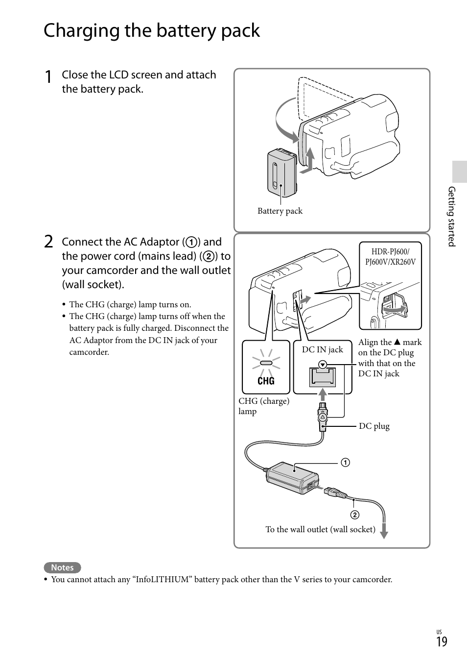 Charging the battery pack, Ge) lamp (19), Y pack (19) | Dc in jack (19) | Sony HDR-XR260V User Manual | Page 19 / 191