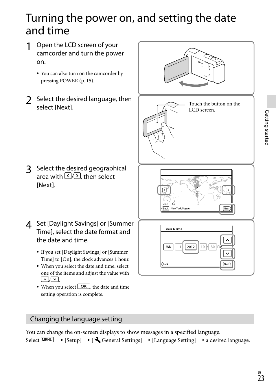 Changing the language setting | Sony HDR-XR260V User Manual | Page 23 / 191
