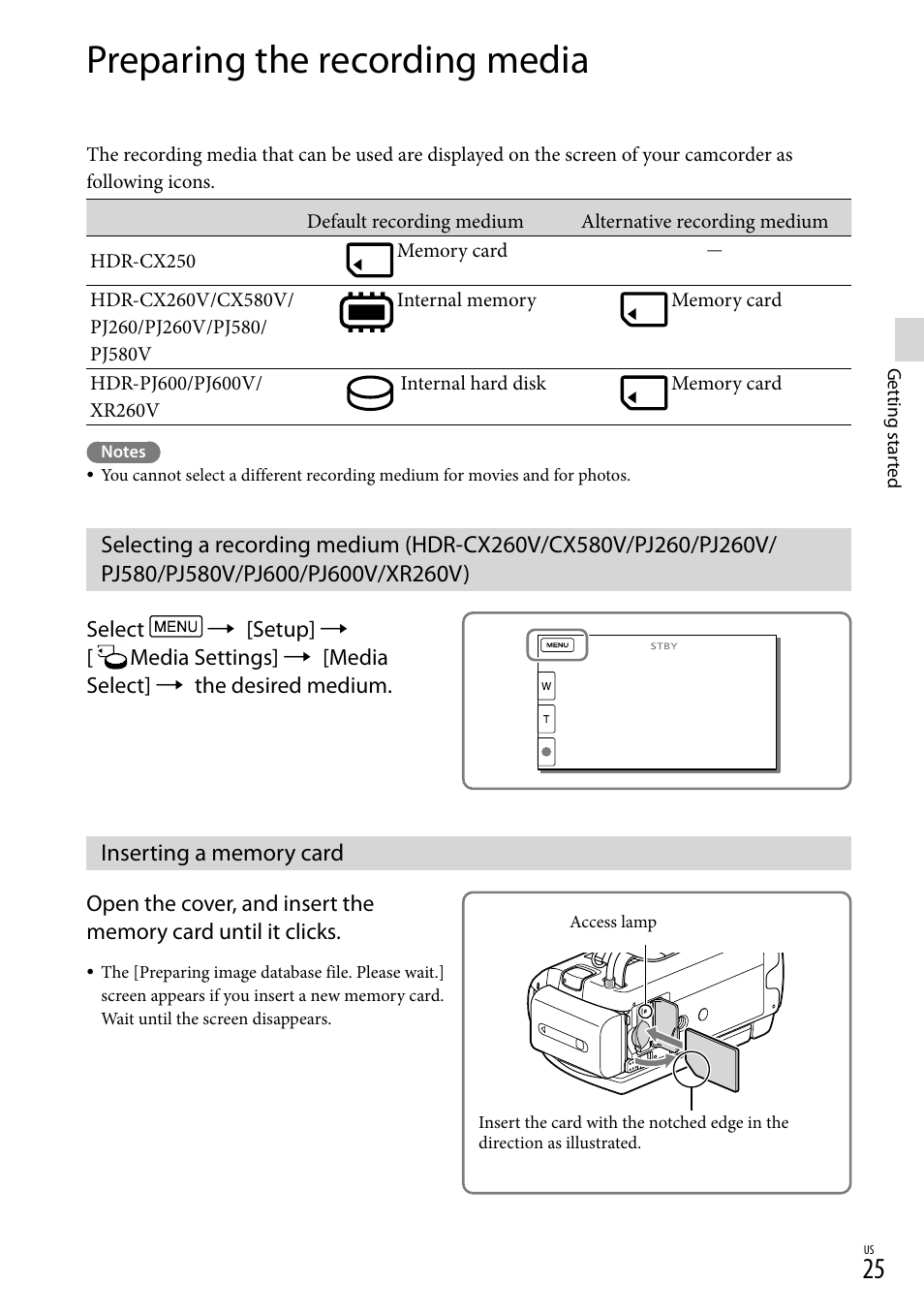 Preparing the recording media, Inserting a memory card, 25) i | 25) a, Ess lamp (25), D slot (25) | Sony HDR-XR260V User Manual | Page 25 / 191