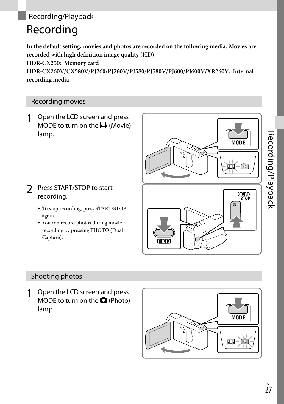 Recording/playback, Recording, Recording movies | Shooting photos, 27) o, Recording movies shooting photos, Lamp (27, 27), On (27), 27, 27) a, Rec or ding/p la yback | Sony HDR-XR260V User Manual | Page 27 / 191