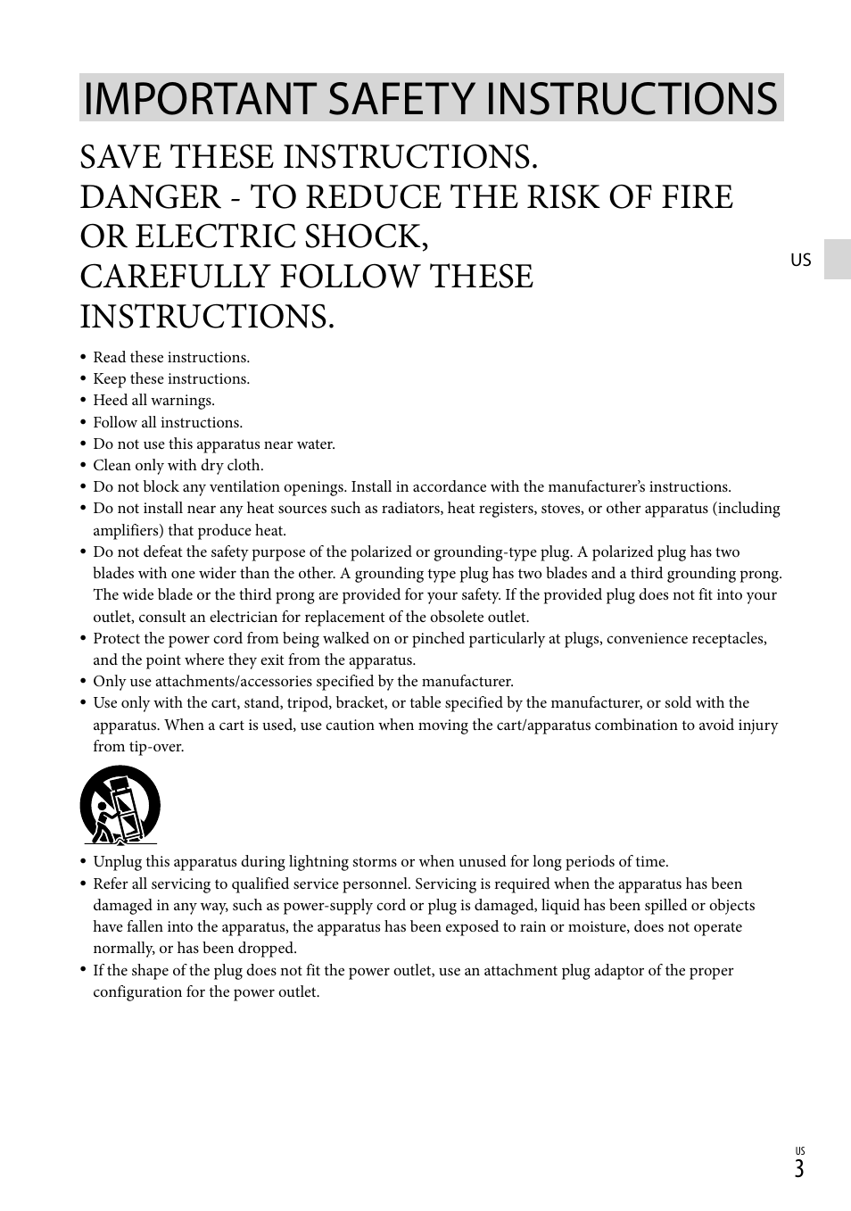 Important safety instructions, Carefully follow these instructions | Sony HDR-XR260V User Manual | Page 3 / 191
