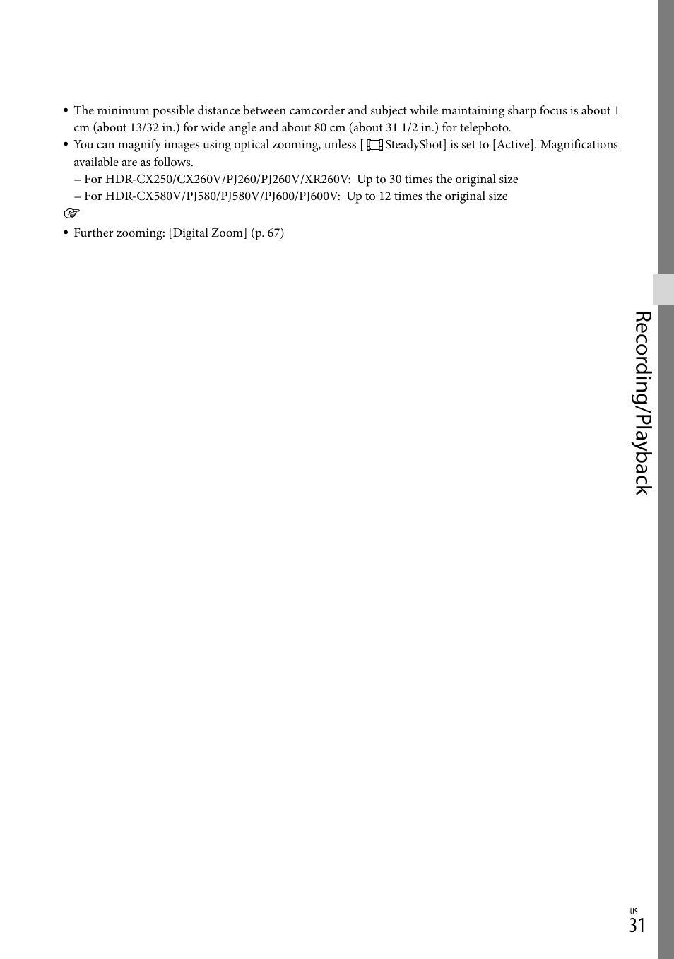 Rec or ding/p la yback | Sony HDR-XR260V User Manual | Page 31 / 191