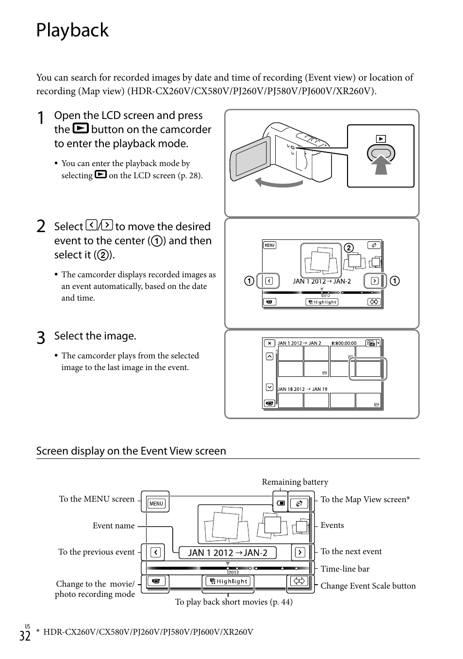 Playback, On (32), N (32) | Sony HDR-XR260V User Manual | Page 32 / 191