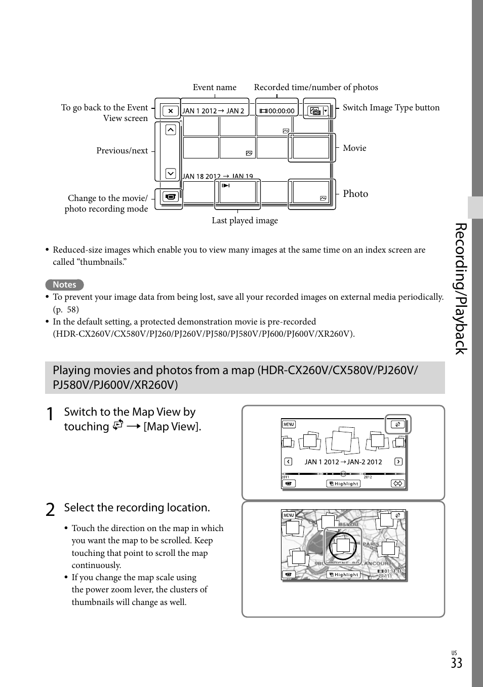 Pj580v/pj600v/xr260v), Rec or ding/p la yback | Sony HDR-XR260V User Manual | Page 33 / 191