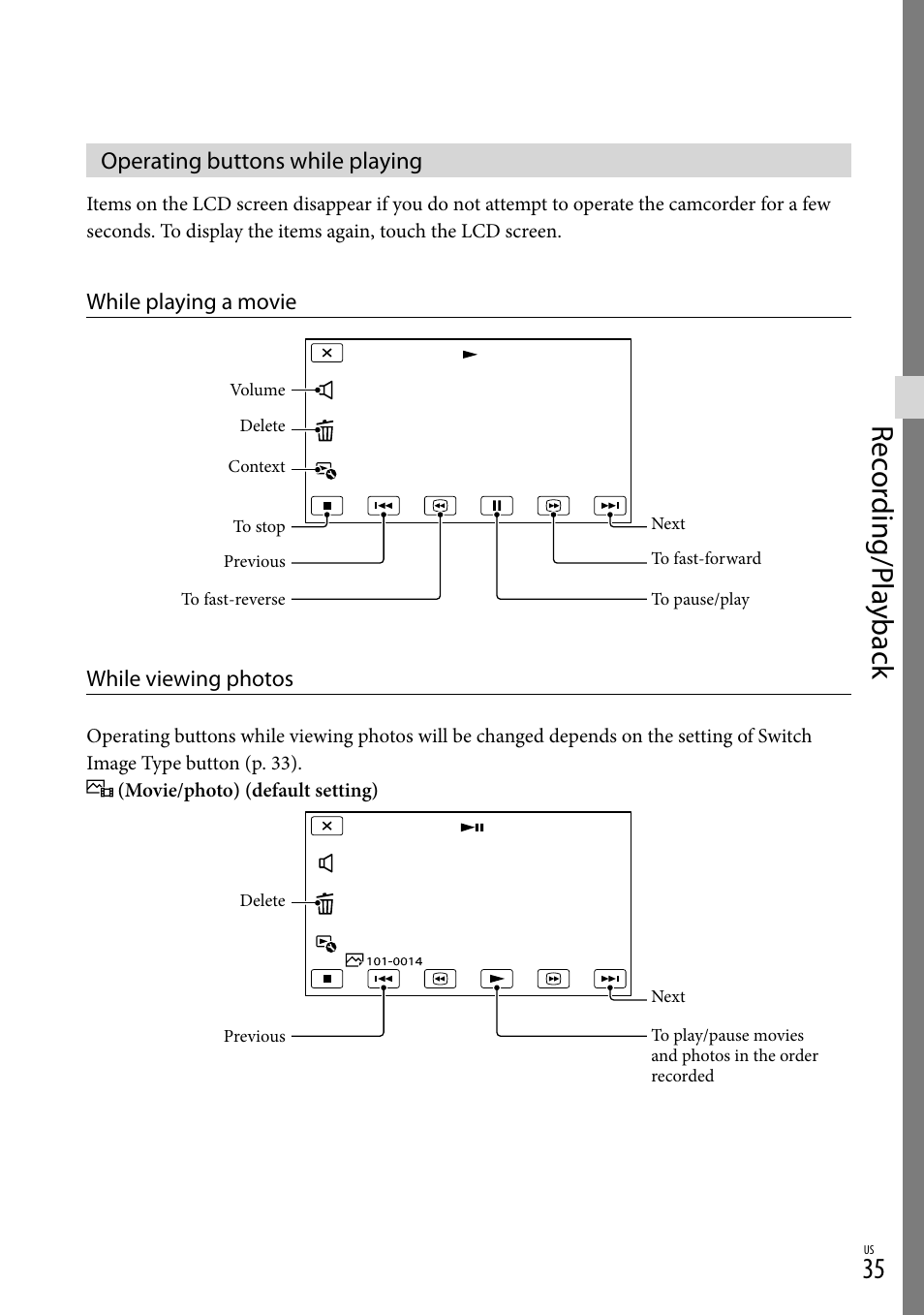 Operating buttons while playing, Ons (35), Rec or ding/p la yback | Sony HDR-XR260V User Manual | Page 35 / 191