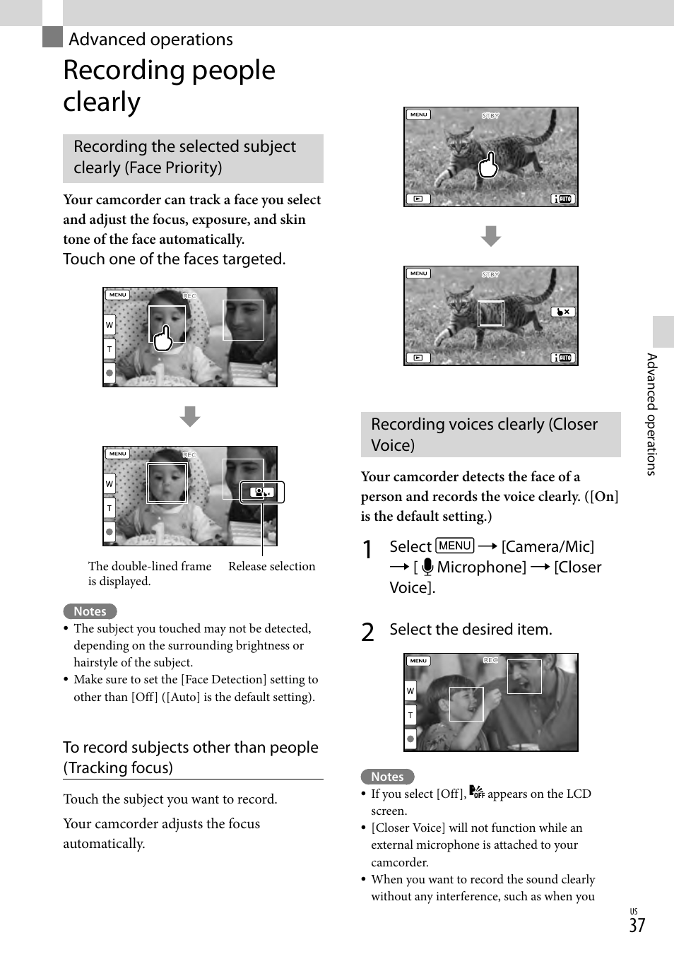 Advanced operations, Recording people clearly, Recording voices clearly (closer voice) | S (37), N (37) | Sony HDR-XR260V User Manual | Page 37 / 191