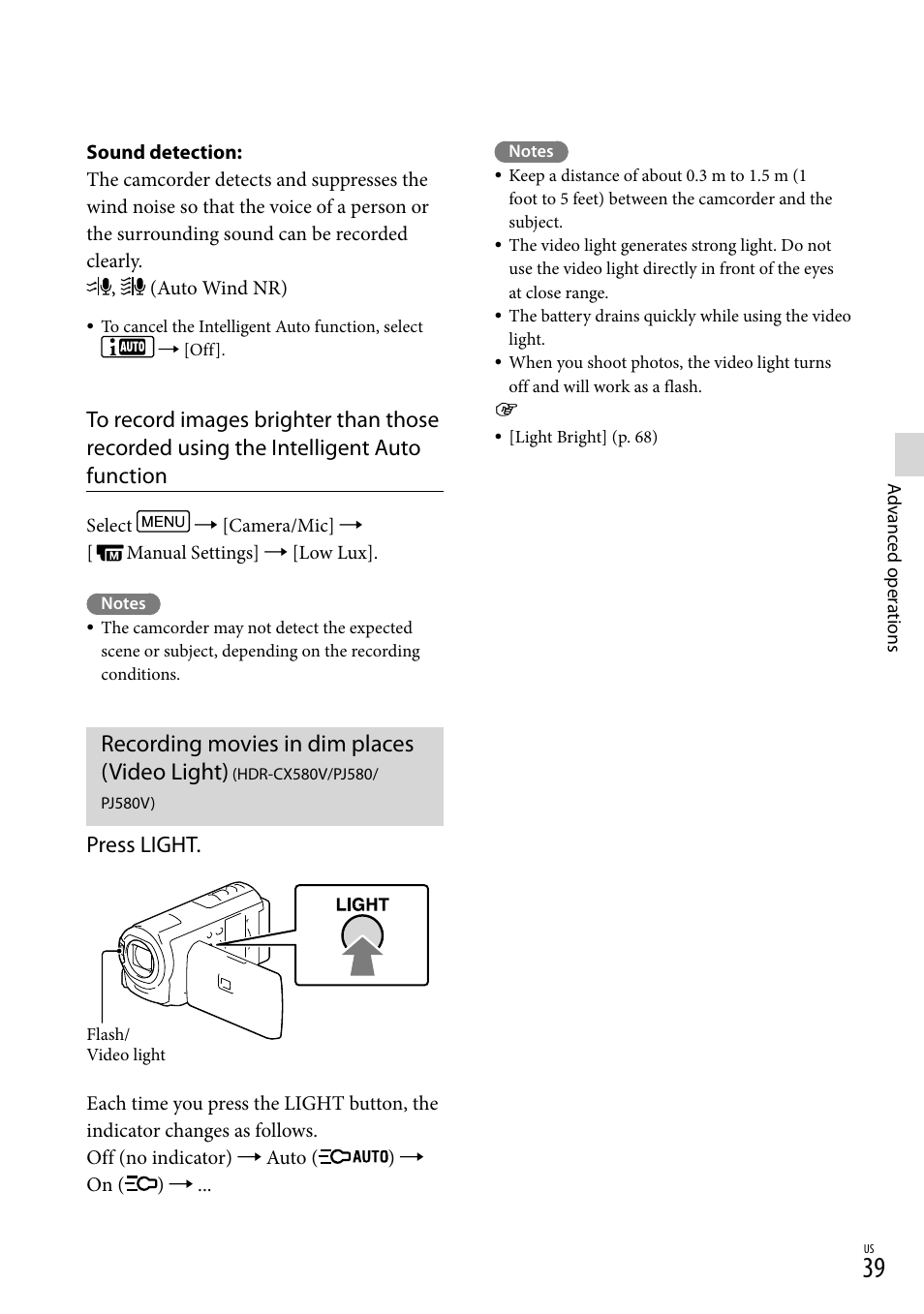 Recording movies in dim places (video light), Hdr-cx580v/pj580, Pj580v) | On (39) (hdr, Press light | Sony HDR-XR260V User Manual | Page 39 / 191