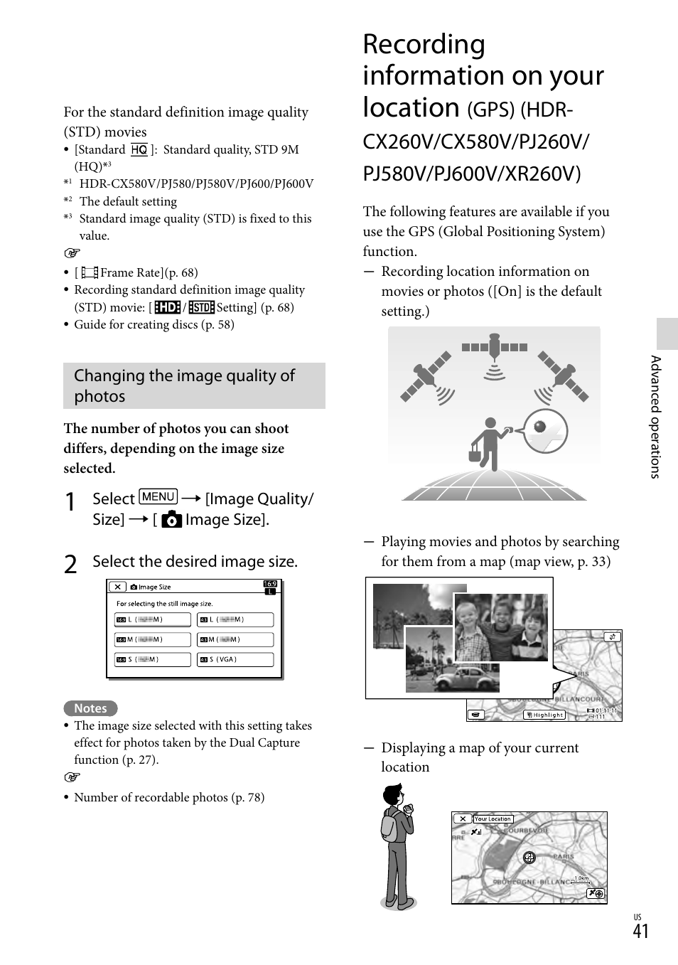 Changing the image quality of photos, Pj580v/pj600v/xr260v), Recording information on your location | Sony HDR-XR260V User Manual | Page 41 / 191