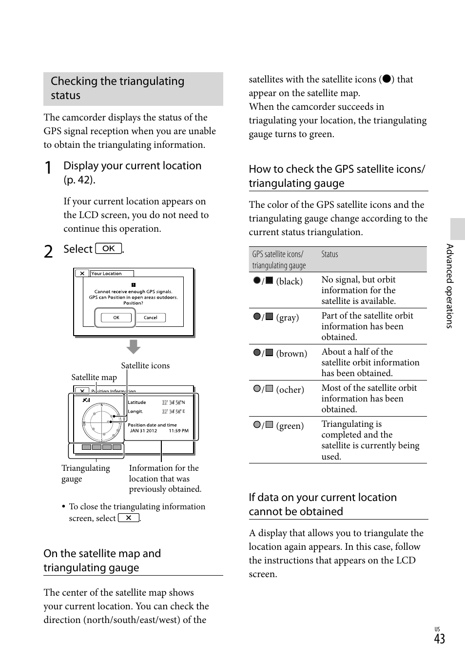 Checking the triangulating status | Sony HDR-XR260V User Manual | Page 43 / 191