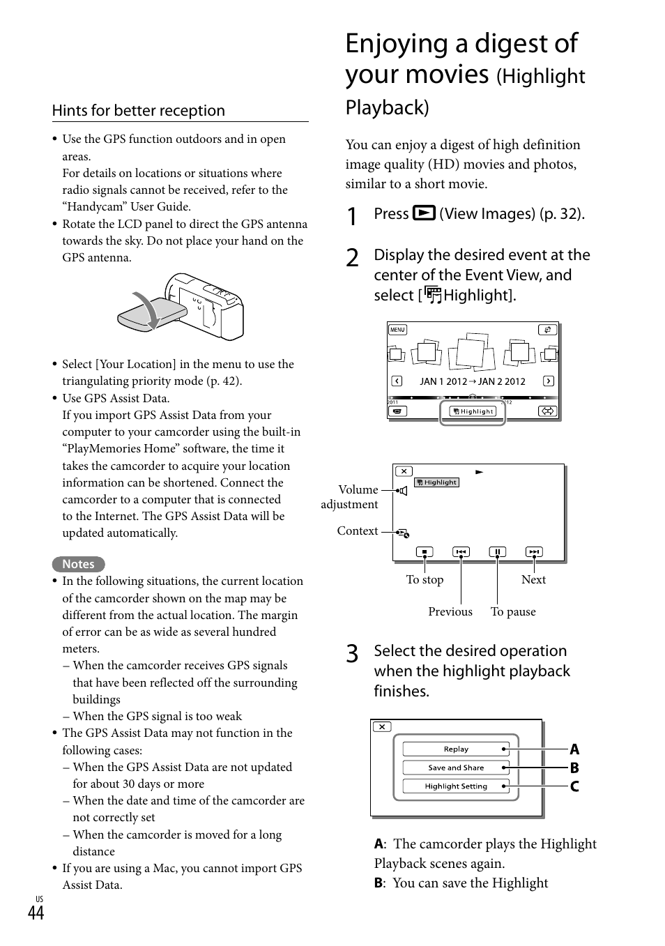 Enjoying a digest of your movies, Highlight playback) | Sony HDR-XR260V User Manual | Page 44 / 191