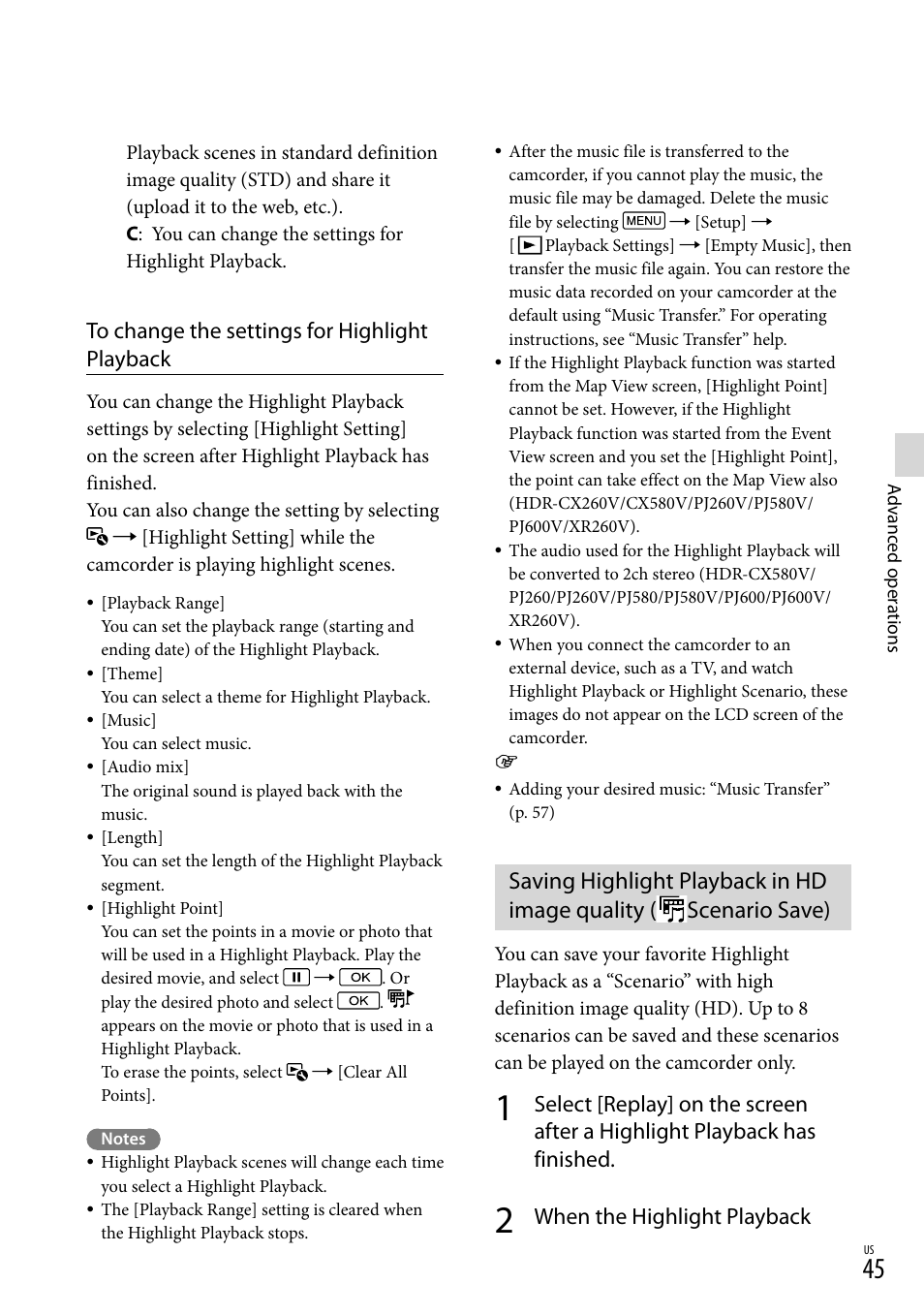 Saving highlight playback in hd image quality, Scenario save), When the highlight playback | Sony HDR-XR260V User Manual | Page 45 / 191