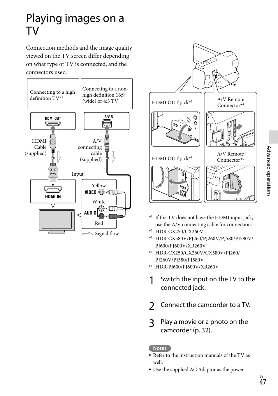Playing images on a tv, Hdmi out jack (47), Or (47) | Switch the input on the tv to the connected jack, Connect the camcorder to a tv, Play a movie or a photo on the camcorder (p . 32) | Sony HDR-XR260V User Manual | Page 47 / 191