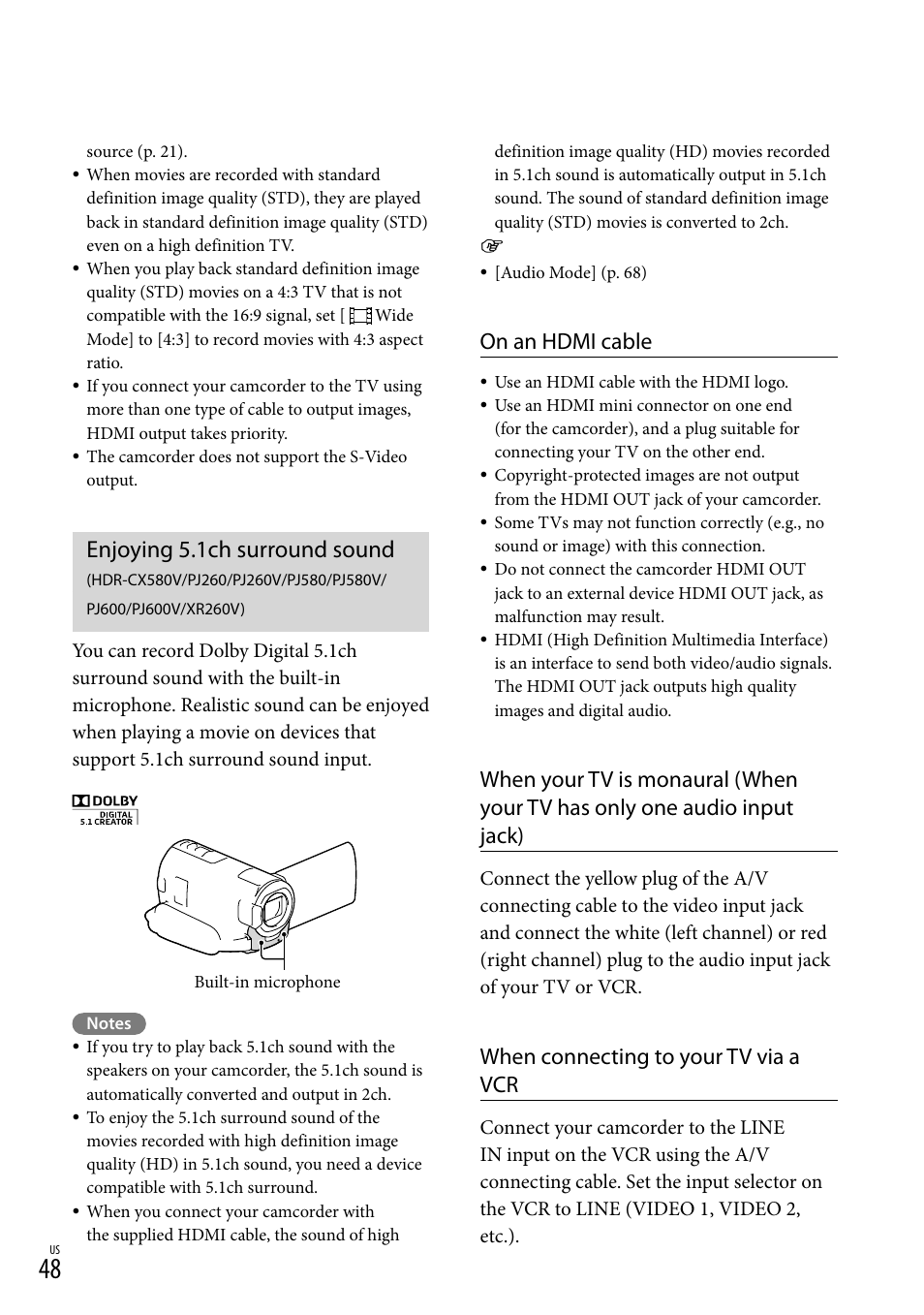 Enjoying 5.1ch surround sound, Hdr-cx580v/pj260/pj260v/pj580, Pj580v/pj600/pj600v/xr260v) | On an hdmi cable, When connecting to your tv via a vcr | Sony HDR-XR260V User Manual | Page 48 / 191