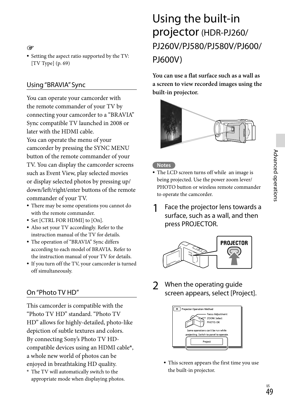 Using the built-in projector, Hdr-pj260/pj260v/pj580/pj580v/pj600/pj600v), On (49) (hdr-p | Sony HDR-XR260V User Manual | Page 49 / 191