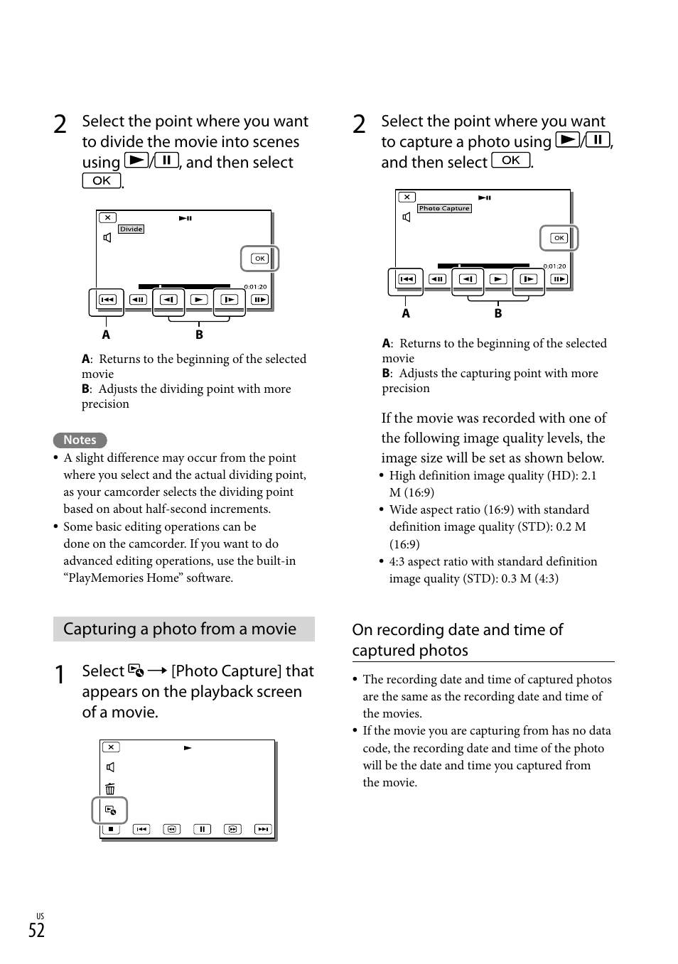 Capturing a photo from a movie | Sony HDR-XR260V User Manual | Page 52 / 191