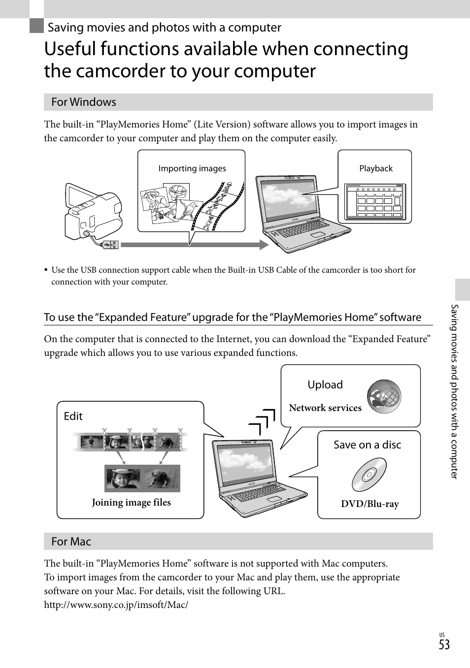 Saving movies and photos with a computer, For windows, For mac | For windows for mac | Sony HDR-XR260V User Manual | Page 53 / 191