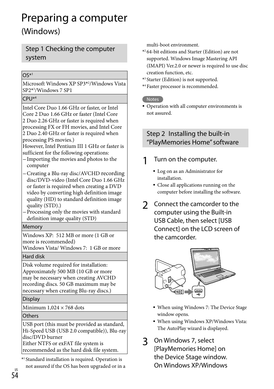 Preparing a computer (windows), Step 1 checking the computer system, Preparing a computer | Windows), Turn on the computer | Sony HDR-XR260V User Manual | Page 54 / 191