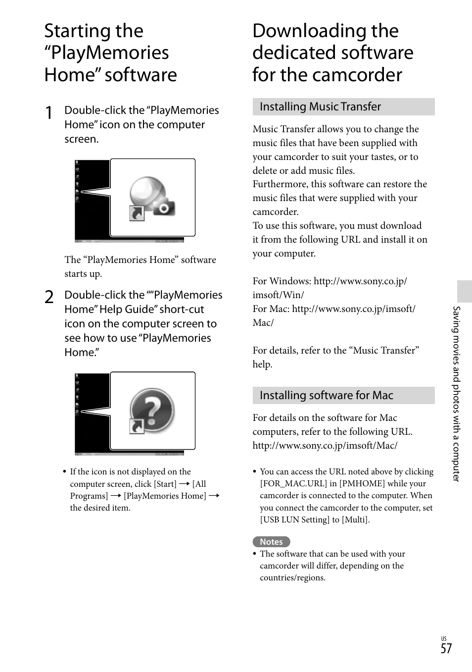 Starting the “playmemories home” software, Installing music transfer, Installing software for mac | Sony HDR-XR260V User Manual | Page 57 / 191