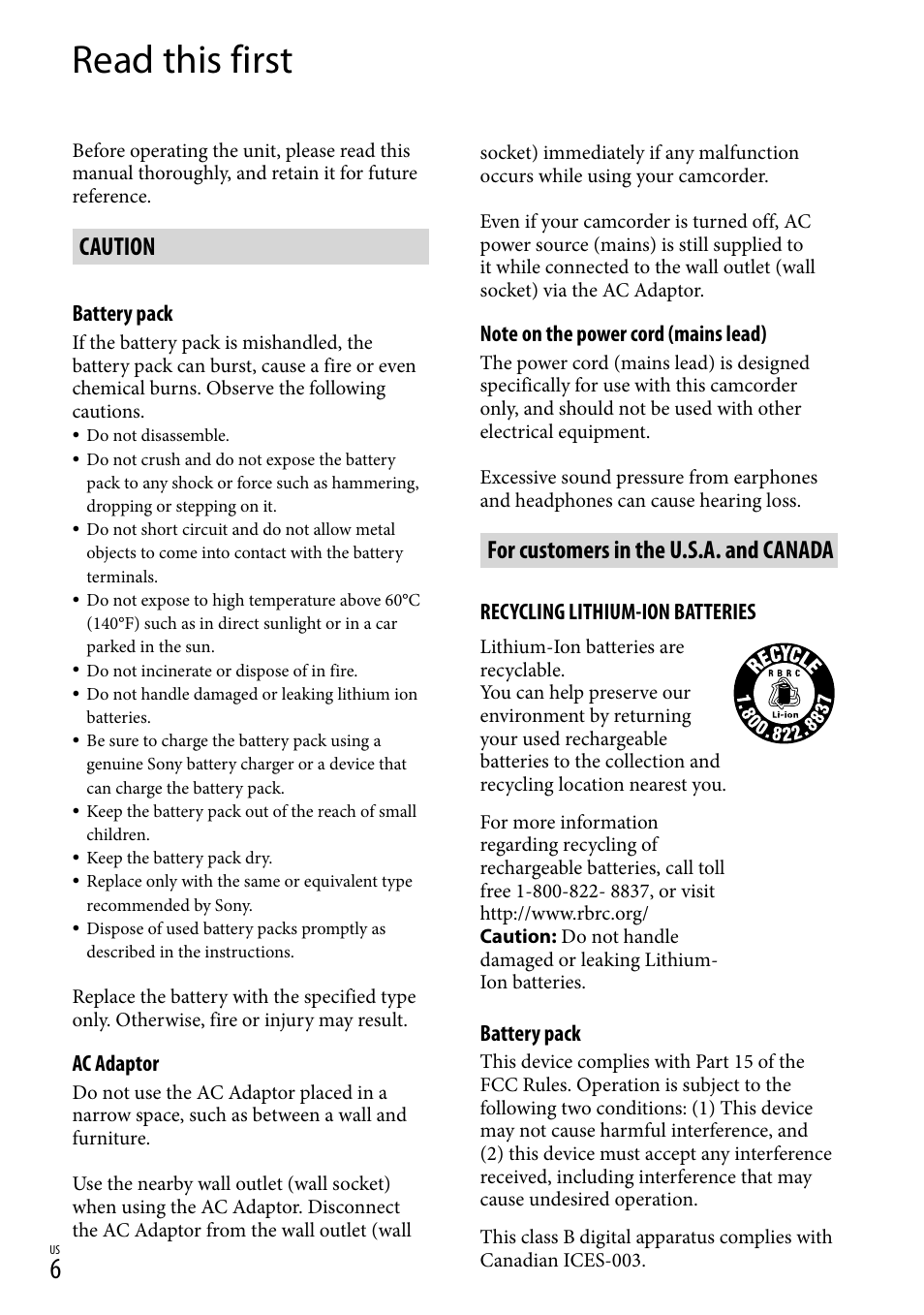 Read this first, Caution, For customers in the u.s.a. and canada | Sony HDR-XR260V User Manual | Page 6 / 191