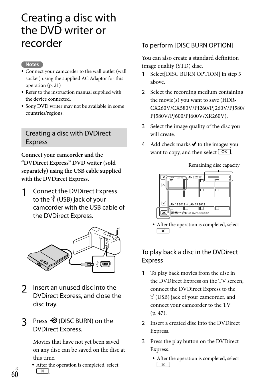 Creating a disc with the dvd writer or recorder, Creating a disc with dvdirect express, Usb) jack (60, 63) | Sony HDR-XR260V User Manual | Page 60 / 191