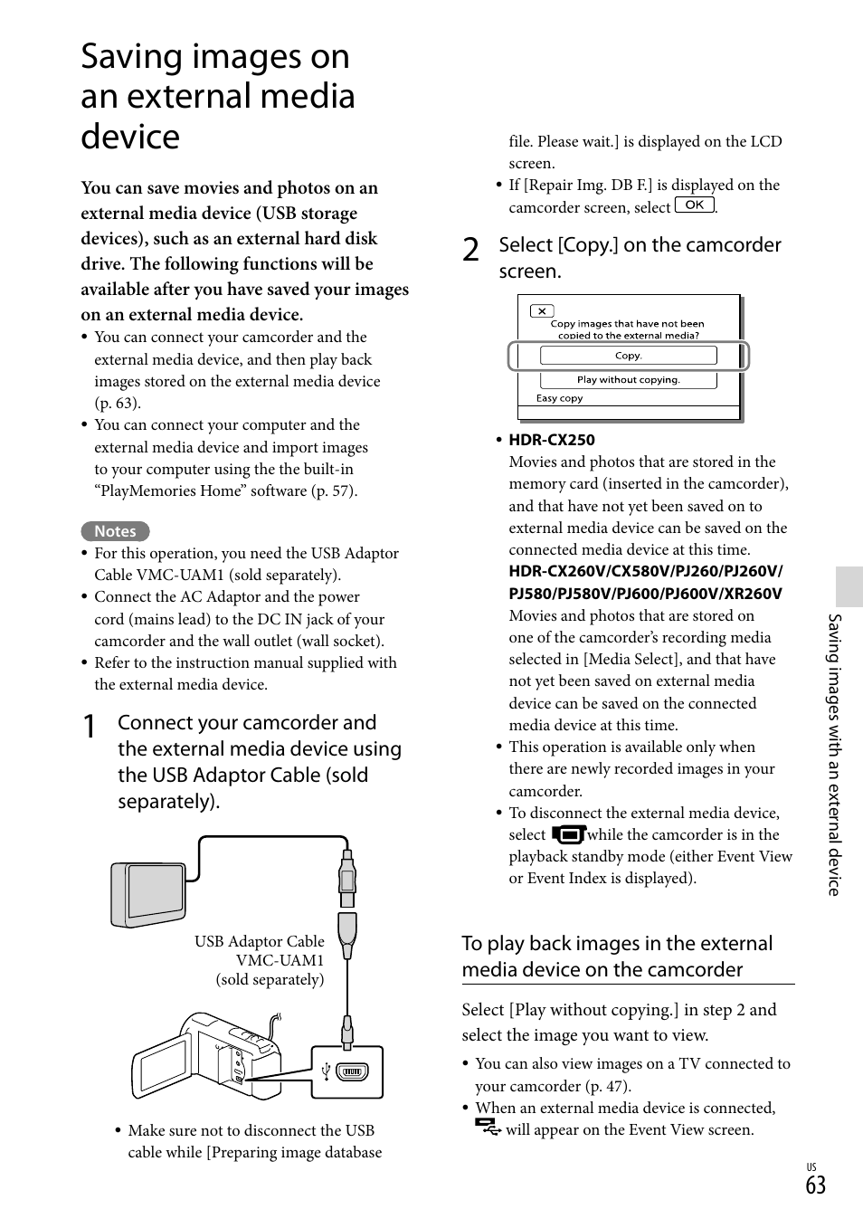 Saving images on an external media device, Select [copy.] on the camcorder screen | Sony HDR-XR260V User Manual | Page 63 / 191