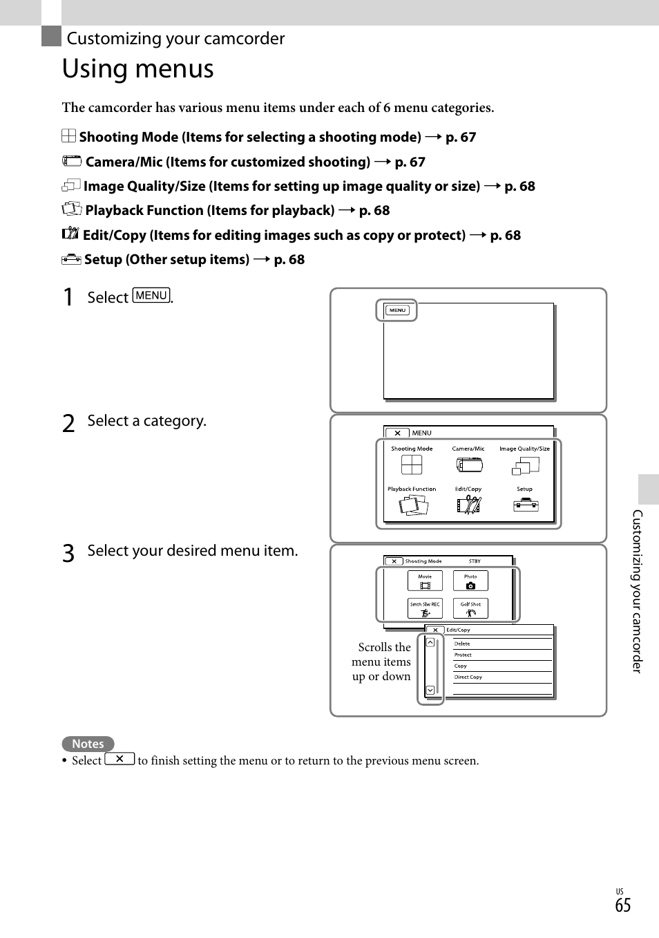 Customizing your camcorder, Using menus, N (65) | Sony HDR-XR260V User Manual | Page 65 / 191