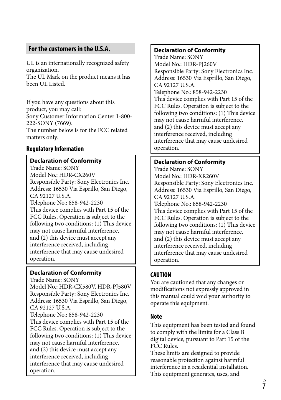 For the customers in the u.s.a | Sony HDR-XR260V User Manual | Page 7 / 191
