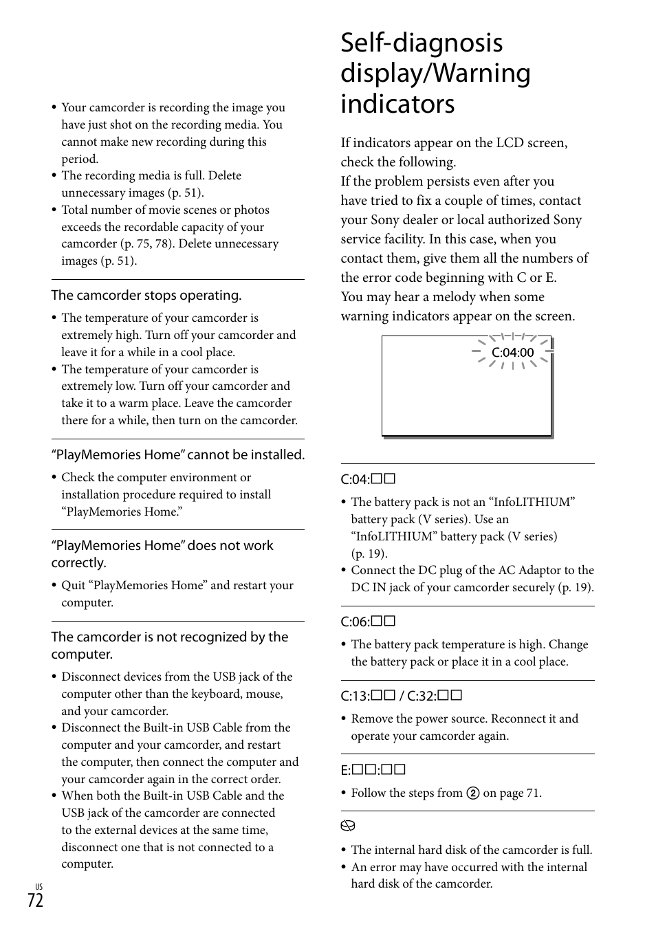 Self-diagnosis display/warning indicators | Sony HDR-XR260V User Manual | Page 72 / 191