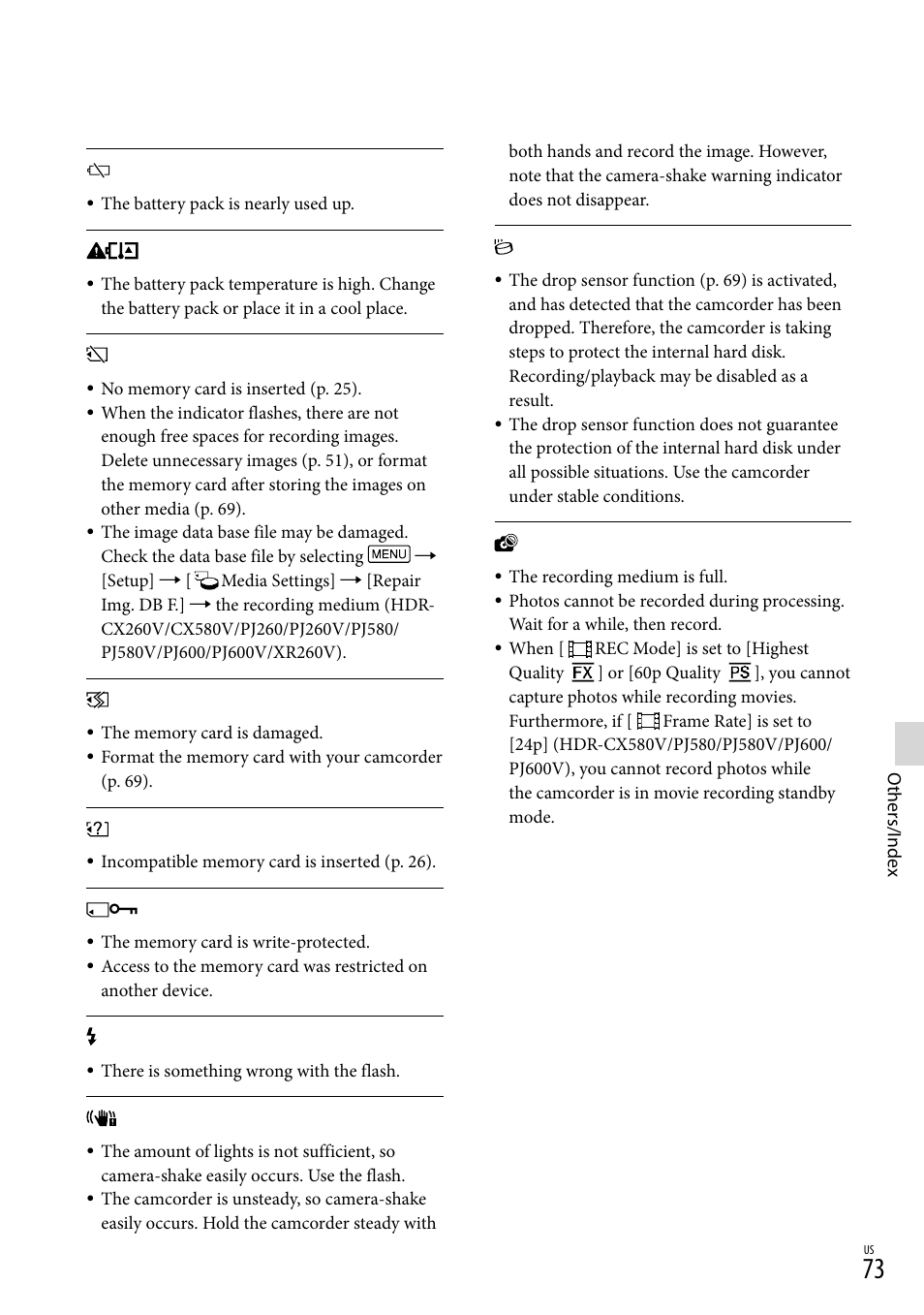 73), and | Sony HDR-XR260V User Manual | Page 73 / 191
