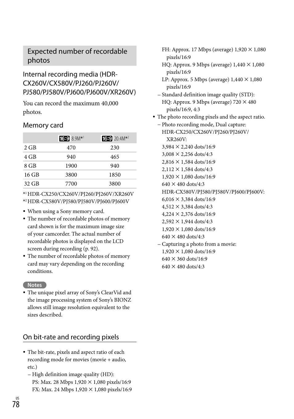 Expected number of recordable photos, On bit-rate and recording pixels | Sony HDR-XR260V User Manual | Page 78 / 191