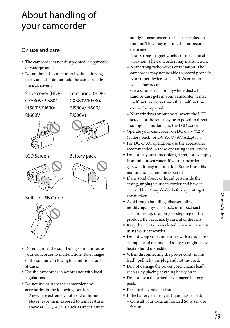 About handling of your camcorder, On use and care | Sony HDR-XR260V User Manual | Page 79 / 191