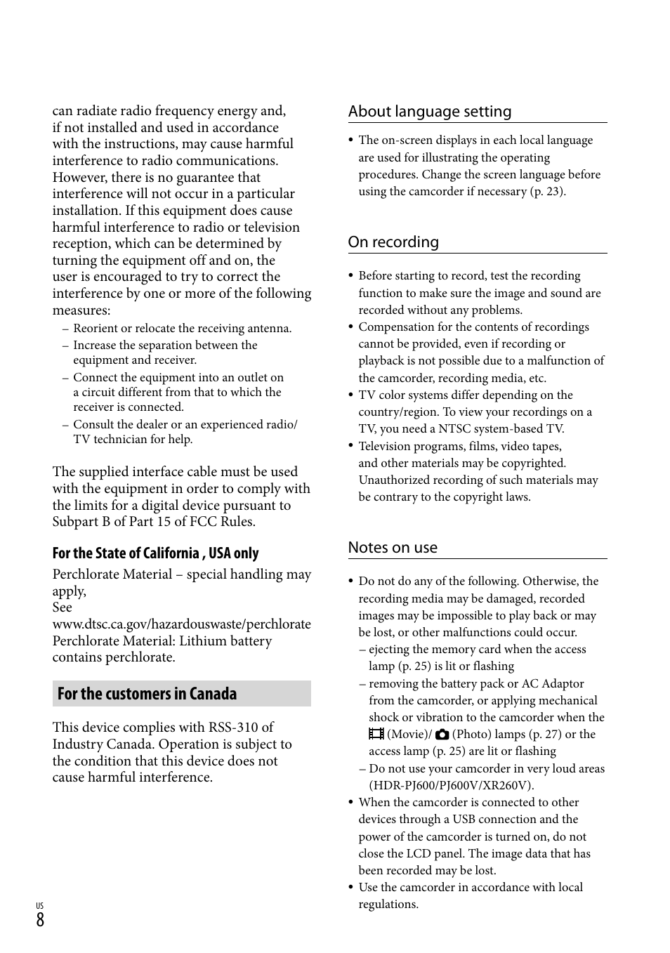 For the customers in canada, About language setting, On recording | For the state of california , usa only | Sony HDR-XR260V User Manual | Page 8 / 191