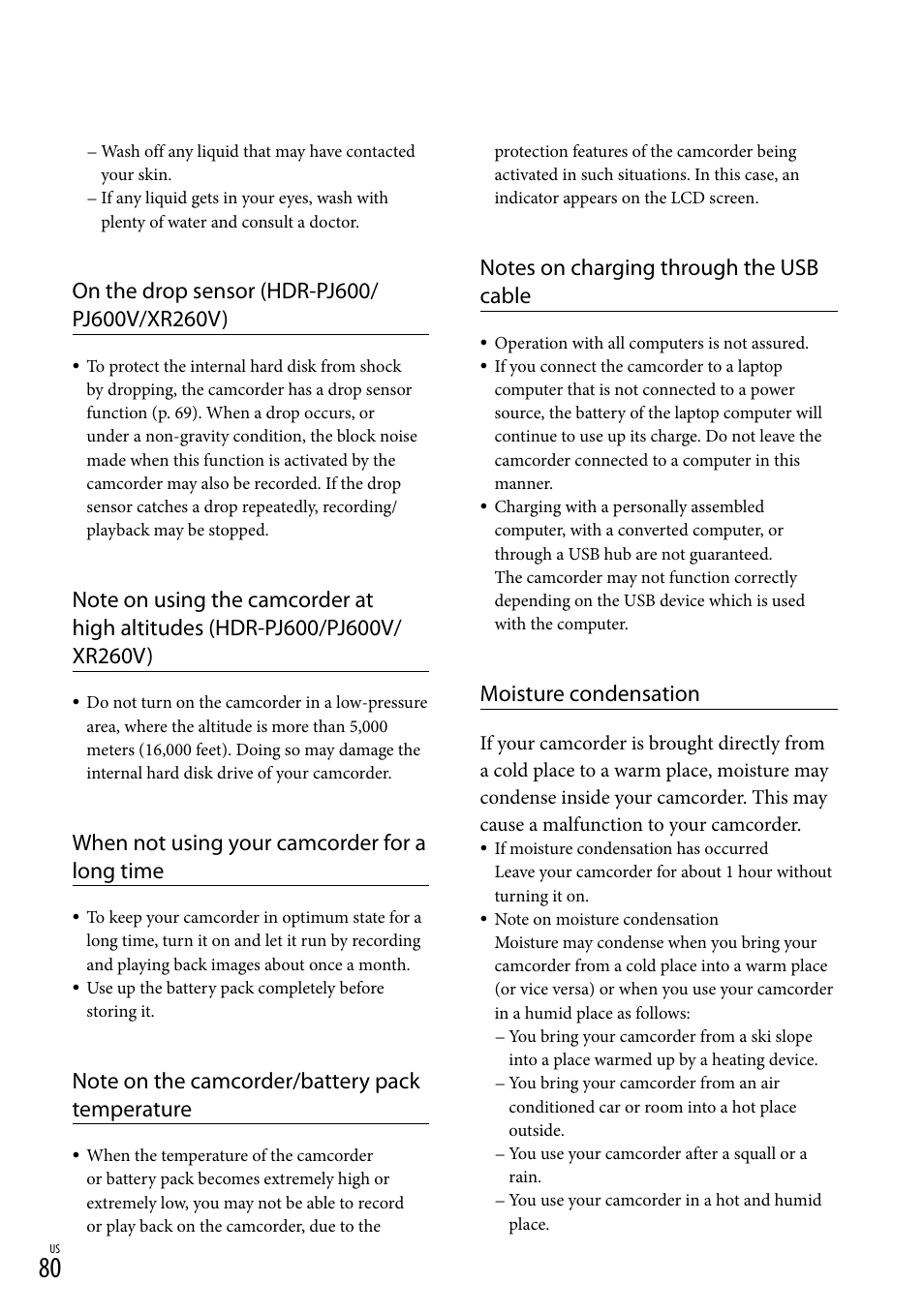 When not using your camcorder for a long time, Moisture condensation | Sony HDR-XR260V User Manual | Page 80 / 191