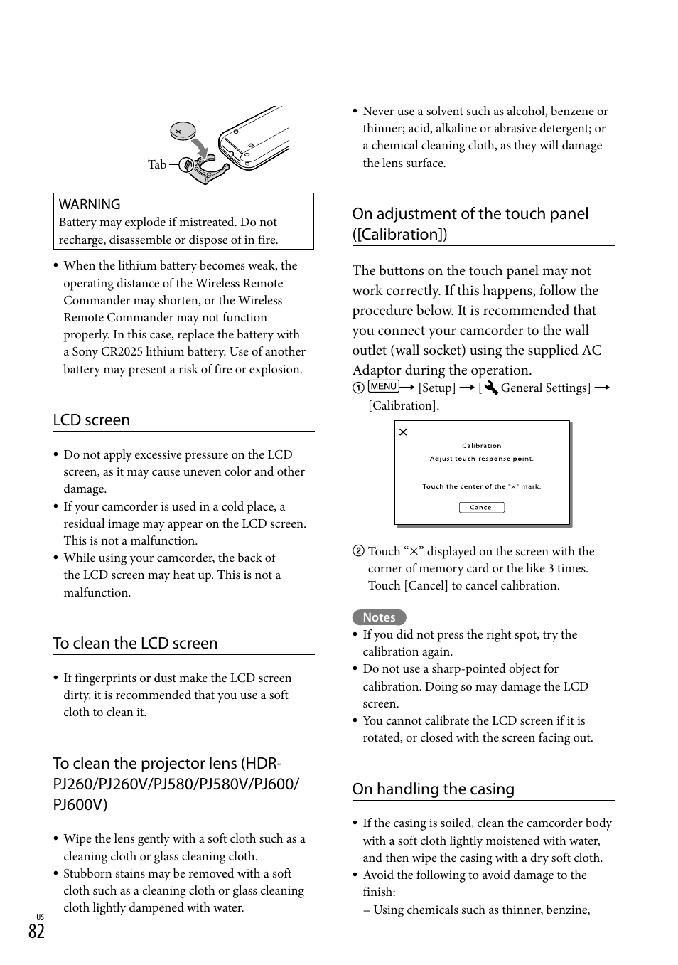 Lcd screen, On adjustment of the touch panel ([calibration]), On handling the casing | Sony HDR-XR260V User Manual | Page 82 / 191