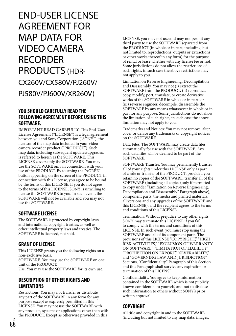 Products, Hdr-cx260v/cx580v/pj260v/pj580v/pj600v/xr260v), Software license | Grant of license, Description of other rights and limitations, Copyright | Sony HDR-XR260V User Manual | Page 88 / 191