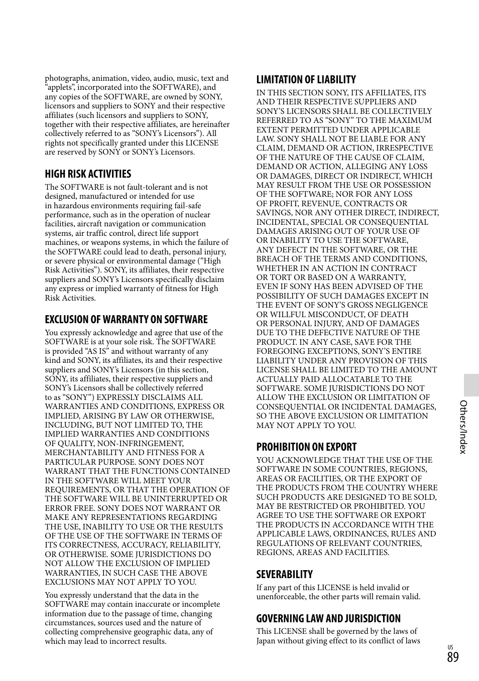 High risk activities, Exclusion of warranty on software, Limitation of liability | Prohibition on export, Severability, Governing law and jurisdiction | Sony HDR-XR260V User Manual | Page 89 / 191