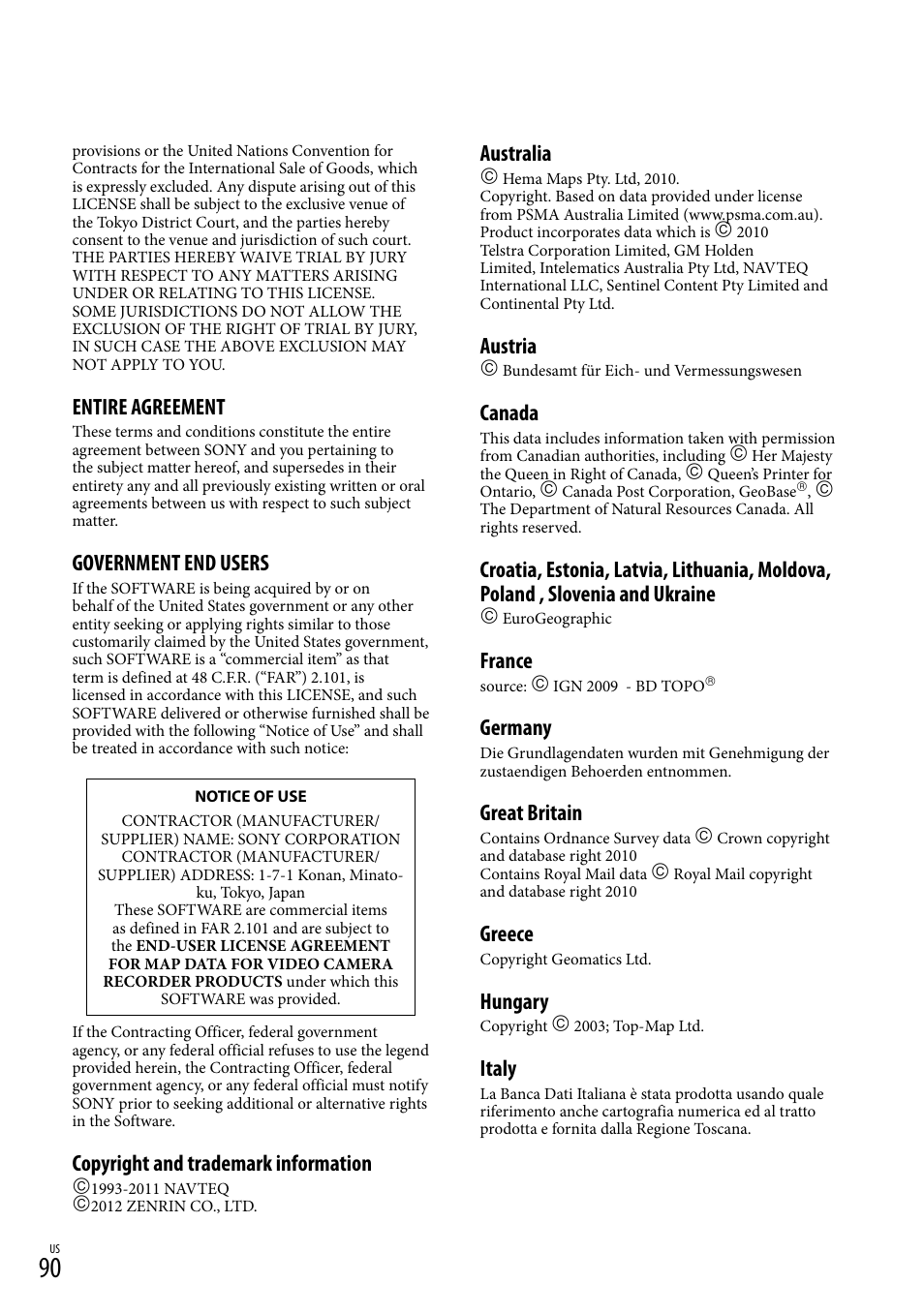 Entire agreement, Government end users, Copyright and trademark information | Australia, Austria, Canada, France, Germany, Great britain, Greece | Sony HDR-XR260V User Manual | Page 90 / 191