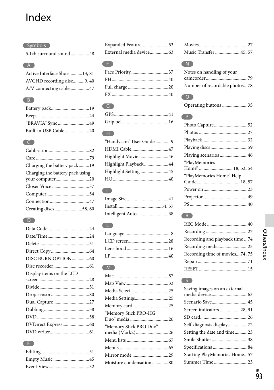 Index | Sony HDR-XR260V User Manual | Page 93 / 191