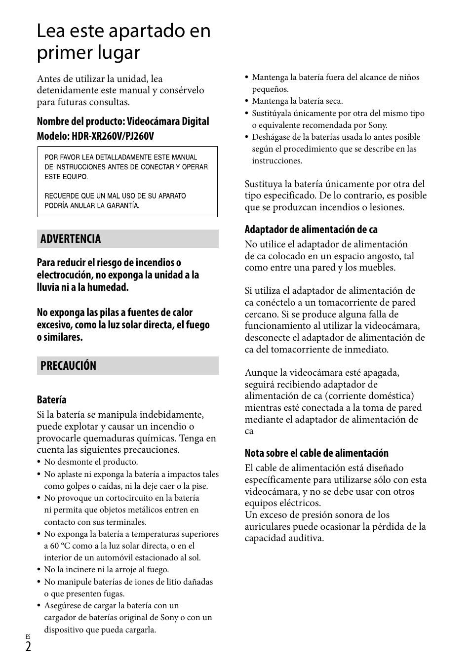 Lea este apartado en primer lugar, Advertencia, Precaución | Sony HDR-XR260V User Manual | Page 96 / 191