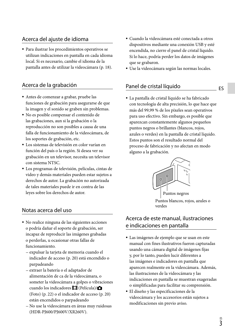 Acerca del ajuste de idioma, Acerca de la grabación, Notas acerca del uso | Panel de cristal líquido | Sony HDR-XR260V User Manual | Page 97 / 191