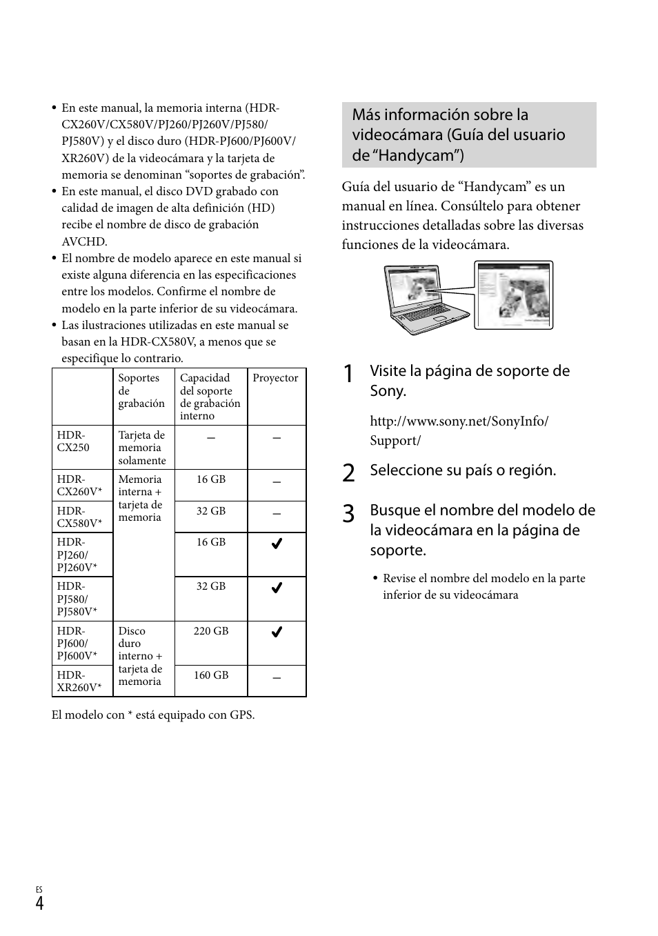 Visite la página de soporte de sony, Seleccione su país o región | Sony HDR-XR260V User Manual | Page 98 / 191