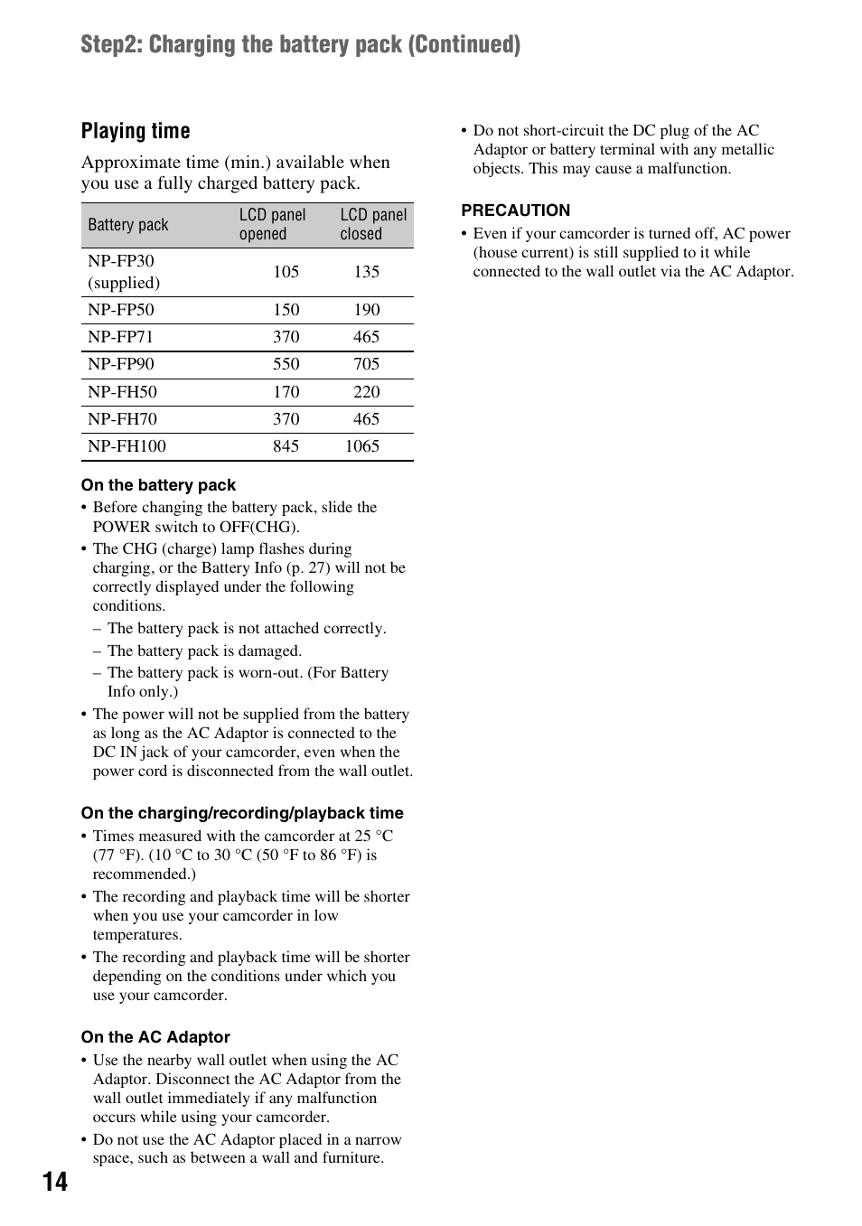 Step2: charging the battery pack (continued), Playing time | Sony DCR-HC28 User Manual | Page 14 / 92