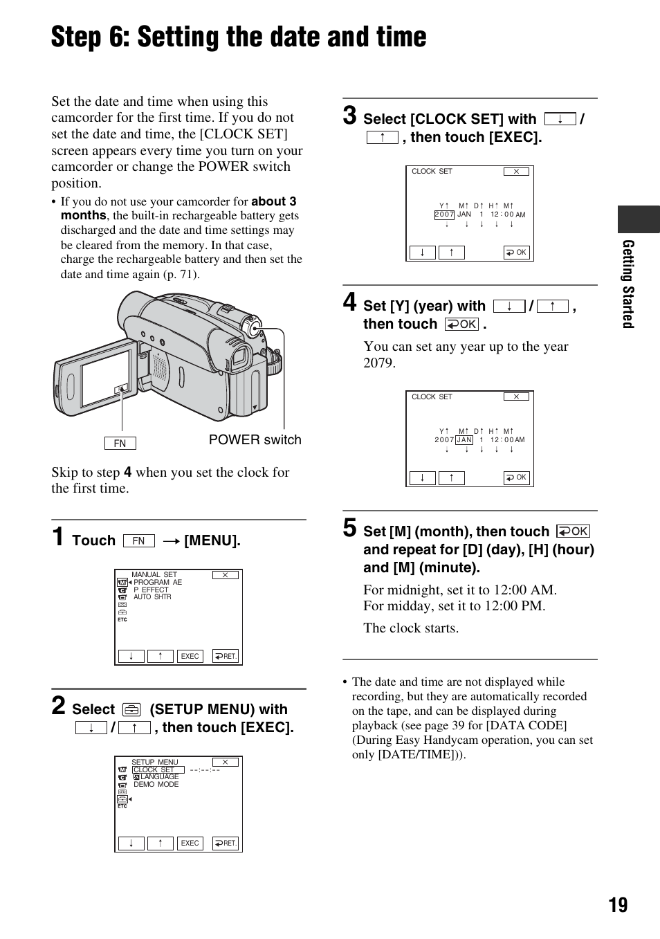 Step 6: setting the date and time | Sony DCR-HC28 User Manual | Page 19 / 92