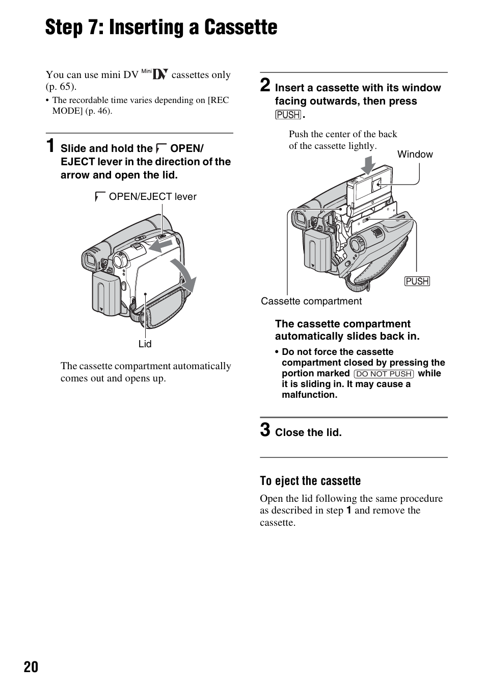 Step 7: inserting a cassette | Sony DCR-HC28 User Manual | Page 20 / 92